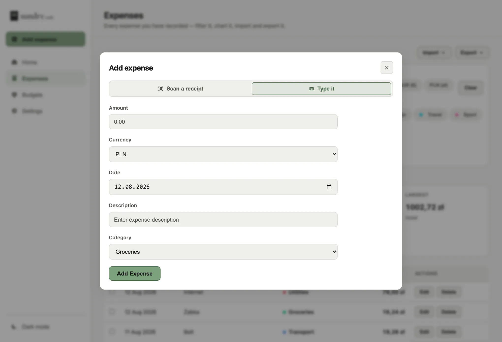 The Add sheet open over the ledger, with two tabs: Scan a receipt, and Type it.